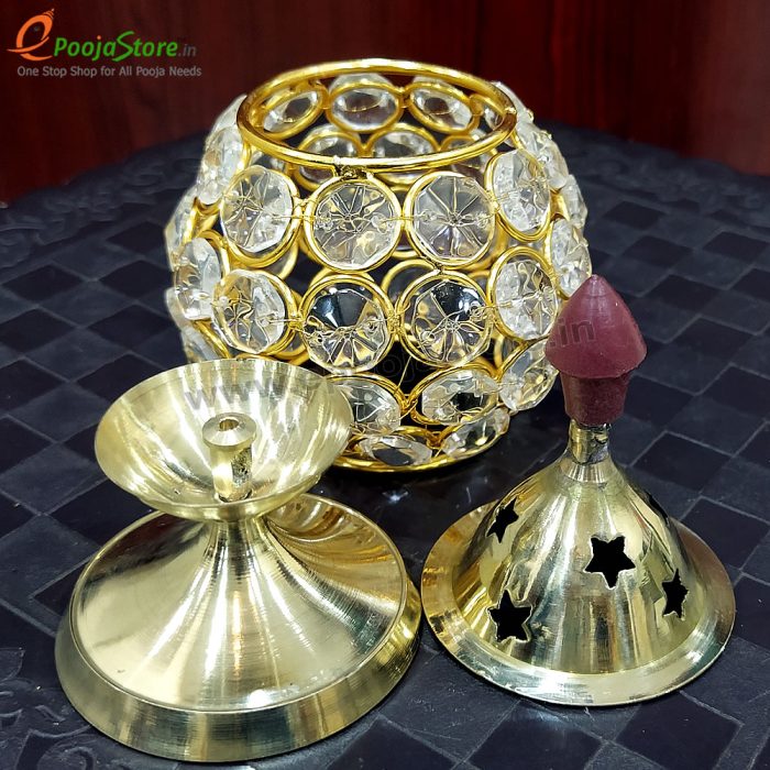 Akhanda Diya / Oil Lamp For Puja, Home decor and Diwali, Matka Shape, Brass & Crystal Diya - Image 2