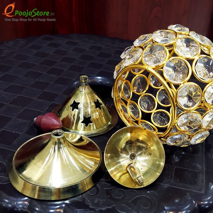 Akhanda Diya / Oil Lamp For Puja, Home decor and Diwali, Matka Shape, Brass & Crystal Diya - Image 3