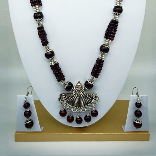 Oxidized Dark Maroon Beads Necklace Set