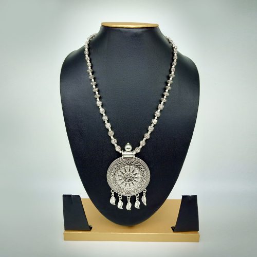 Antique Oxidized Silver Necklace with Round Pendant