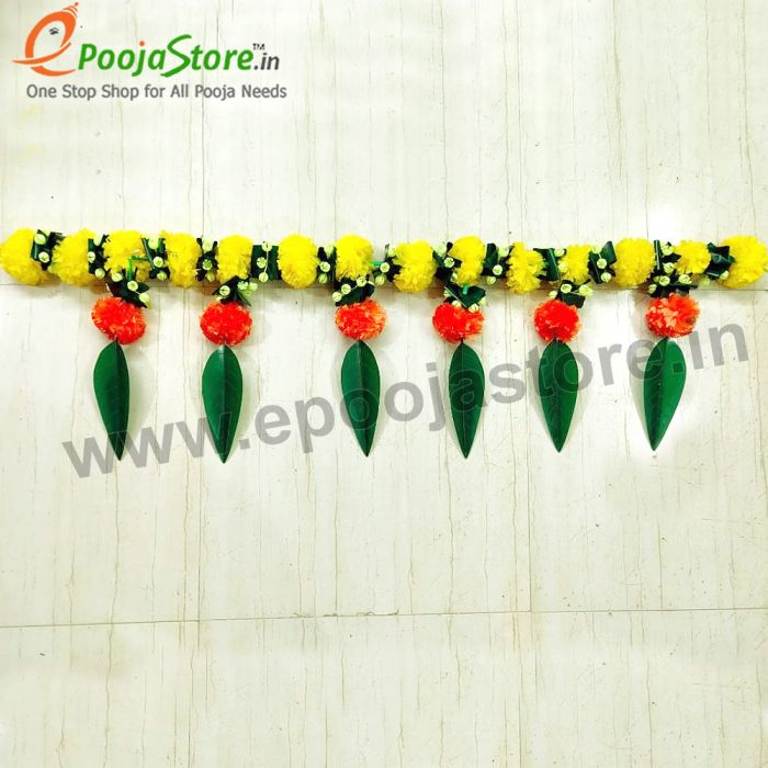 Decorative Artificial Yellow, Orange Marigold Flowers with Mango Leaves - Image 3