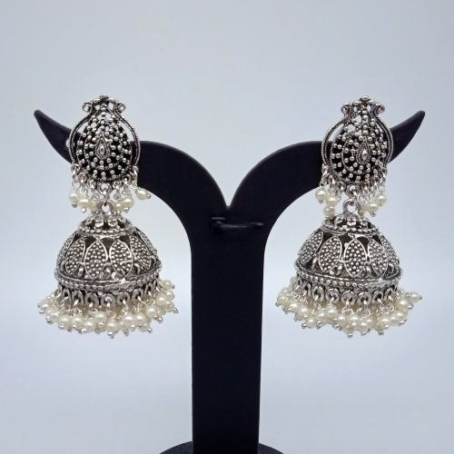 Oxidized Silver Jhumkas with Double Layered Pearl Beads