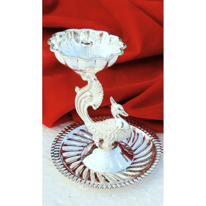 German Silver Peacock Diya With Attached Around plate - Image 2