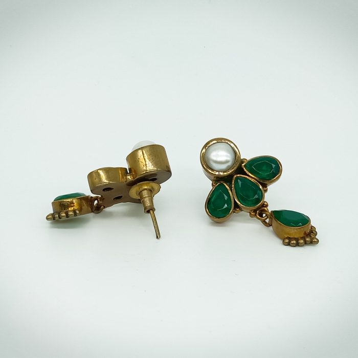 Precious Emerald Stone with White Pearl Brass Earrings / Jhumkis for Women and Girls - Image 2