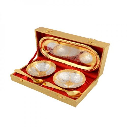 Gold & Silver  Plated Brass Bowl Set 5 Pcs (Bowl 3.5" Diameter & Tray 8"x 4.5")